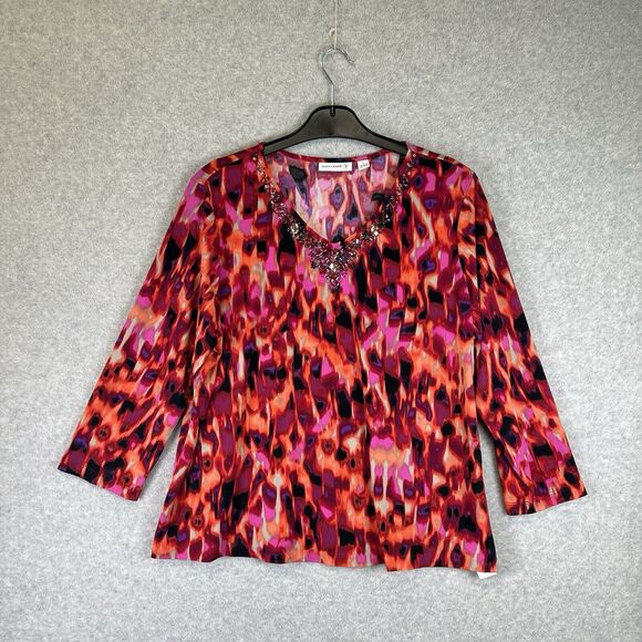 Susan Graver Red Artsy Jeweled Tone Beaded‎ V Neck Women’s L Long Sleeve Blouse - Picture 1 of 8